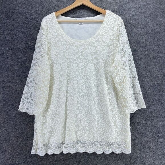 CJ Tops - 5/$45 Cj Banks Blouse Women 1X Plus White Floral Lined 3/4 Sleeve Round Neck